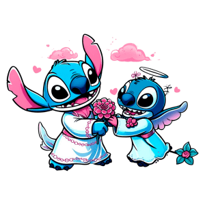 Ilustração de Stitch e Angel, personagens de Lilo & Stitch, vestidos com roupas brancas decoradas, trocando flores em um ambiente alegre com corações e nuvens pink. Perfeito para temas relacionados à amizade e amor entre personagens animados.