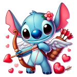 Personagem Stitch segurando um arco e flecha, cercado por corações. Ele está usando asas brancas e uma flor na cabeça, representando um tema de amor e amizade.