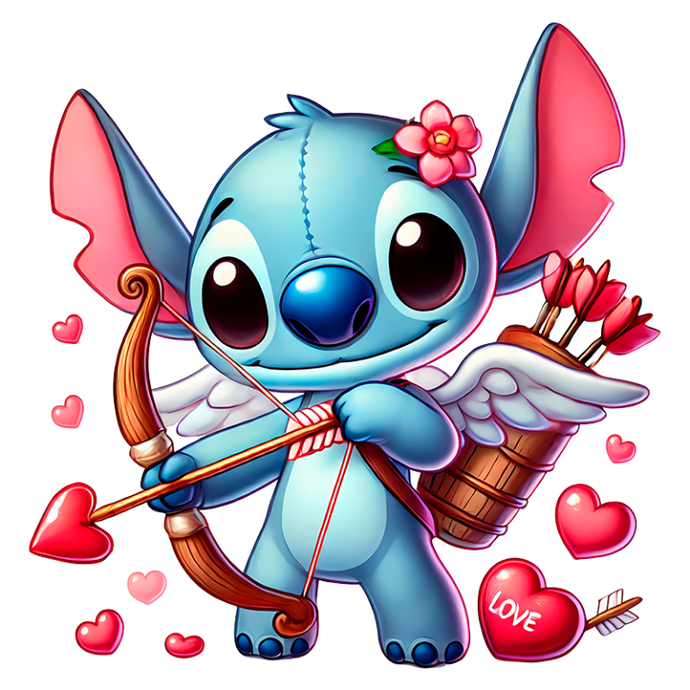 Personagem Stitch segurando um arco e flecha, cercado por corações. Ele está usando asas brancas e uma flor na cabeça, representando um tema de amor e amizade.