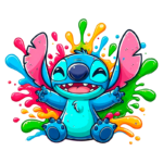 Stitch com sorriso amplo, cercado por respingos de tintas coloridas em um fundo vibrante. Ideal para ilustrações divertidas e festas infantis.