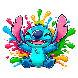 Stitch com sorriso amplo, cercado por respingos de tintas coloridas em um fundo vibrante. Ideal para ilustrações divertidas e festas infantis.