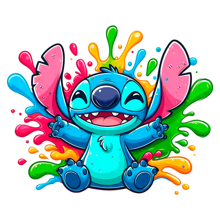 Stitch com sorriso amplo, cercado por respingos de tintas coloridas em um fundo vibrante. Ideal para ilustrações divertidas e festas infantis.