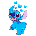 Ilustração colorida de Stitch, personagem famoso da Disney, sorrindo com corações azuis flutuando acima dele.