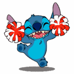 Personagem animado Stitch, do filme Lilo & Stitch, sorrindo e segurando pompons vermelhos e brancos, em uma pose alegre e enérgica. Ideal para conteúdo relacionado a animação e cultura pop.