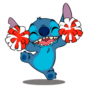Personagem animado Stitch, do filme Lilo & Stitch, sorrindo e segurando pompons vermelhos e brancos, em uma pose alegre e enérgica. Ideal para conteúdo relacionado a animação e cultura pop.