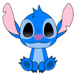 Personagem animado Stitch, do filme Lilo & Stitch, com pele azul, grandes olhos pretos, orelhas rosa e expressão amigável, sentado em uma posição fofa. Perfeito para temas de animação e cultura pop.