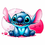 Imagem de um personagem animado estilizado, inspirado no extraterrestre Stitch, com pelagem azul, orelhas grandes e expressões amigáveis, cercado por elementos em tons de rosa e coração, evocando um tema lúdico e divertido.