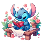 Personagem Stitch sentado em um banco de madeira, lendo um livro vermelho. Ele está cercado por flores cor-de-rosa e folhagens, transmitindo uma atmosfera tranquila e amistosa.