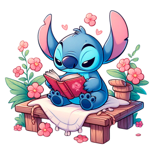 Personagem Stitch sentado em um banco de madeira, lendo um livro vermelho. Ele está cercado por flores cor-de-rosa e folhagens, transmitindo uma atmosfera tranquila e amistosa.