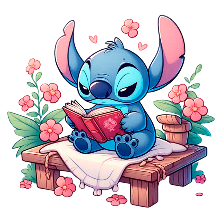 Personagem Stitch sentado em um banco de madeira, lendo um livro vermelho. Ele está cercado por flores cor-de-rosa e folhagens, transmitindo uma atmosfera tranquila e amistosa.
