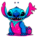 Personagem animado Stitch com pelagem azul e detalhes rosa, sorrindo e acenando, destacando-se em um fundo verde. Ideal para conteúdo relacionado a animações e cultura pop.