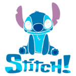 Personagem Stitch da Disney sentado, com pelagem azul e detalhes em verde, exibindo grandes olhos expressivos, sob um fundo transparente.
