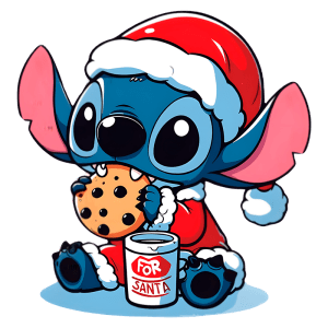 Stitch em traje natalino, sentado e segurando um biscoito, com um copo ao seu lado escrito "FOR SANTA". Ideal para temas de Natal e decoração festiva.
