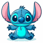 Stitch sentado e sorrindo, representando um alienígena amigável. Ideal para ilustrações em produtos infantis e decoração.