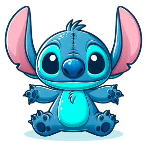 Stitch sentado e sorrindo, representando um alienígena amigável. Ideal para ilustrações em produtos infantis e decoração.