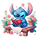 Stitch, o personagem de desenho animado, lê um livro em um ambiente sereno cercado por flores coloridas em um banco de madeira.