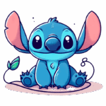 Stitch sentado em uma superfície clara. O personagem é rodeado por uma pequena planta e exibe um sorriso amigável. Ideal para temas de animação e ilustração infantil.