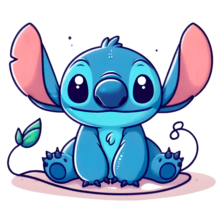 Stitch sentado em uma superfície clara. O personagem é rodeado por uma pequena planta e exibe um sorriso amigável. Ideal para temas de animação e ilustração infantil.