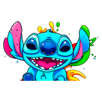 Personagem animado Stitch, azul, com grandes olhos e um sorriso feliz, cercado por respingos coloridos. Ideal para temas de diversão e criatividade.
