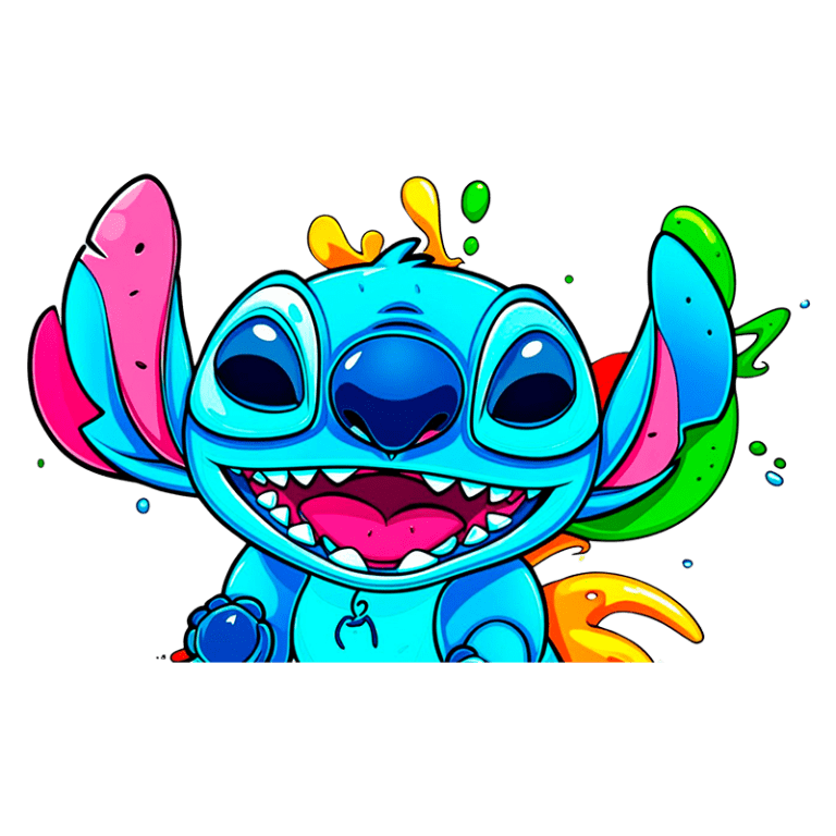 Personagem animado Stitch, azul, com grandes olhos e um sorriso feliz, cercado por respingos coloridos. Ideal para temas de diversão e criatividade.
