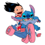 Lilo e Stitch se divertindo em um triciclo colorido, com Lilo sorrindo alegremente e Stitch mostrando seus dentes em um grande sorriso.