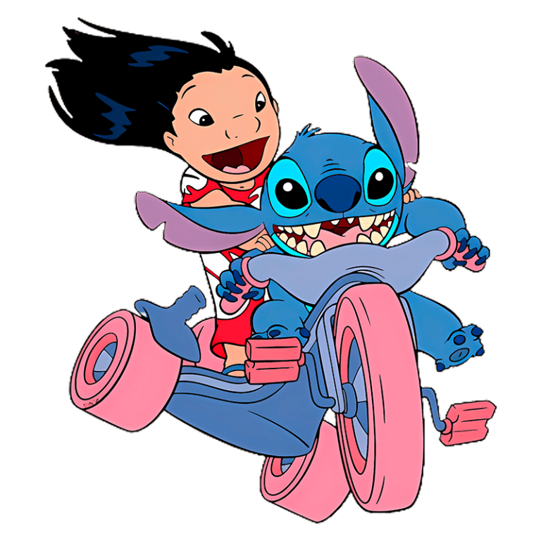 Lilo e Stitch se divertindo em um triciclo colorido, com Lilo sorrindo alegremente e Stitch mostrando seus dentes em um grande sorriso.