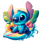 Stitch em um cenário tropical, surfando em uma prancha colorida com flores e folhas ao fundo.