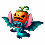 Stitch com asas de morcego segurando uma abóbora com rosto assustador, simbolizando o Halloween, em um fundo transparente.
