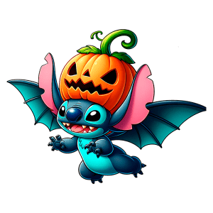 Stitch com asas de morcego segurando uma abóbora com rosto assustador, simbolizando o Halloween, em um fundo transparente.