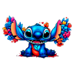 Personagem Stitch de Lilo & Stitch com um sorriso largo, segurando buquês coloridos de flores, em um estilo de arte vibrante.