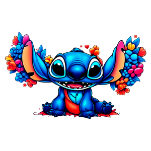 Personagem Stitch de Lilo & Stitch com um sorriso largo, segurando buquês coloridos de flores, em um estilo de arte vibrante.