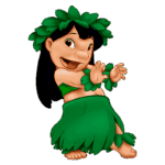Lilo vestida de hula verde, sorrindo e dançando. Ela usa uma coroa de folhas e braceletes de folhagens, representando a cultura havaiana.