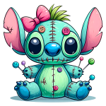 Stitch de pelúcia estilizado com aparência de monstro, apresentando costuras visíveis, um laço rosa, botões coloridos e fitas. Ele segura alfinetes em suas mãos, sentado em uma pose adorável. Ideal para fãs de estética cute e colecionadores de brinquedos únicos.