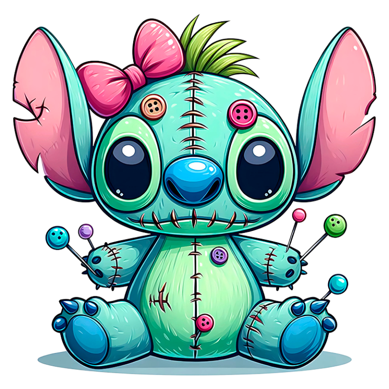 Stitch de pelúcia estilizado com aparência de monstro, apresentando costuras visíveis, um laço rosa, botões coloridos e fitas. Ele segura alfinetes em suas mãos, sentado em uma pose adorável. Ideal para fãs de estética cute e colecionadores de brinquedos únicos.