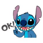 Desenho animado de Stitch, personagem da Disney, sorrindo e fazendo sinal de "OK" com a mão. O fundo é transparente e destaca o personagem com sua pele azul e grandes orelhas.