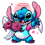 Personagem Stitch azul de fantasy segurando flores e vestindo um avental, com asas brancas e um halo acima da cabeça, transmitindo uma expressão feliz e amorosa. Ideal para temas de amizade e diversão.
