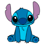 Personagem animado Stitch, da Disney, sentado com pelagem azul e orelhas grandes, expressando uma aparência fofa e curiosa.
