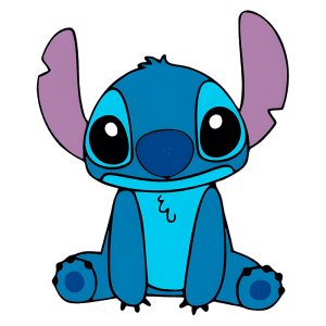 Personagem animado Stitch, da Disney, sentado com pelagem azul e orelhas grandes, expressando uma aparência fofa e curiosa.