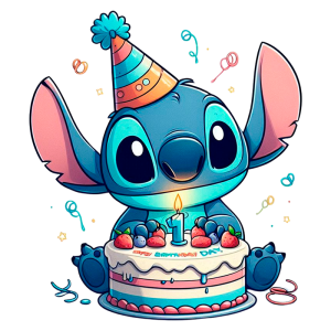 Ilustração de Stitch, personagem da Disney, celebrando um aniversário de 1 ano ao lado de um bolo decorado com frutas e uma vela acesa, com confetes e uma festa ao fundo.