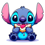 Personagem estilizado de Stitch, da Disney, sentado e comendo um donut coberto de cobertura rosa, com olhos grandes e expressivos, em um fundo verde.