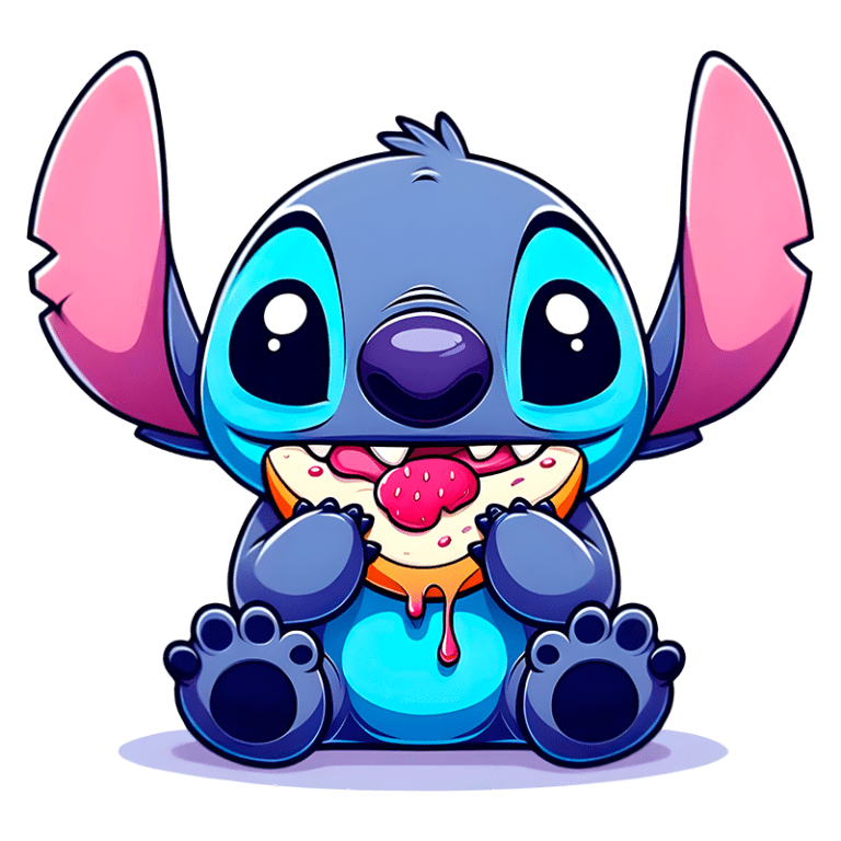 Personagem estilizado de Stitch, da Disney, sentado e comendo um donut coberto de cobertura rosa, com olhos grandes e expressivos, em um fundo verde.