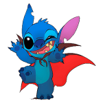 Personagem de desenho animado Stitch, do filme Lilo & Stitch, vestido de vampiro com capa vermelha, sorrindo e acenando.