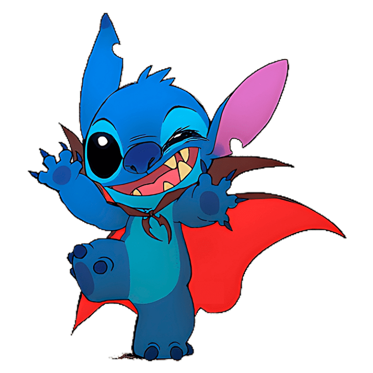 Personagem de desenho animado Stitch, do filme Lilo & Stitch, vestido de vampiro com capa vermelha, sorrindo e acenando.