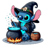 Stitch vestindo um chapéu de bruxa e uma roupa preta, misturando uma poção dentro de um caldeirão fumegante sobre uma fogueira. Perto dele, há um balde de madeira com água. Elementos mágicos, como estrelas brilhantes, adicionam um toque encantado à cena.