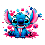 Personagem Stitch, de pelagem azul e orelhas grandes, sentado sobre flores coloridas, cercado por bolas e detalhes divertidos, em estilo cartunesco. Ideal para fãs de animação e cultura pop.