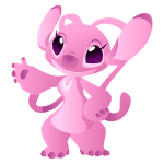 Personagem Angel com orelhas grandes e expressivos olhos, fazendo um gesto amigável. Ideal para temas sobre amizade, diversão e animação.