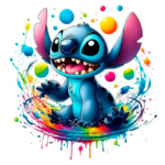 Stitch em um fundo colorido, cercado por esferas coloridas e traços de tinta, transmitindo uma sensação de diversão e movimento.