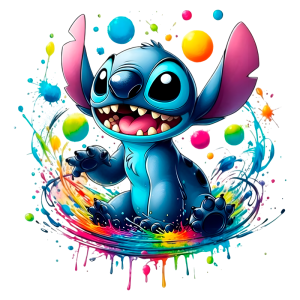 Stitch em um fundo colorido, cercado por esferas coloridas e traços de tinta, transmitindo uma sensação de diversão e movimento.