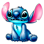 Personagem de desenho animado Stitch, com pele azul e orelhas rosas, sentado e sorrindo, apresentando um olhar expressivo e olhos grandes, típico do estilo artístico da Disney.