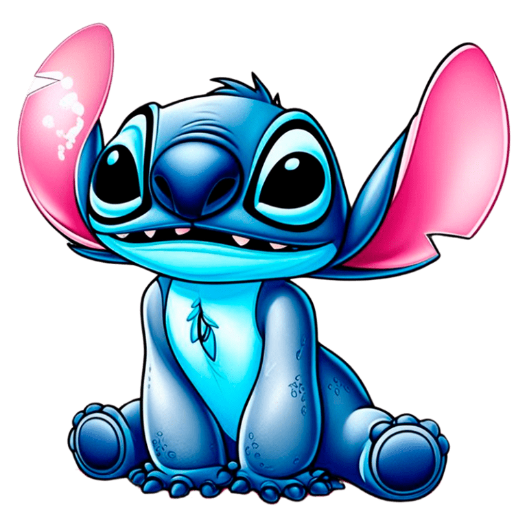 Personagem de desenho animado Stitch, com pele azul e orelhas rosas, sentado e sorrindo, apresentando um olhar expressivo e olhos grandes, típico do estilo artístico da Disney.